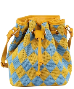 Mesh Check Printed Drawstring Bucket Crossbody Bag LAS003 YELLOW